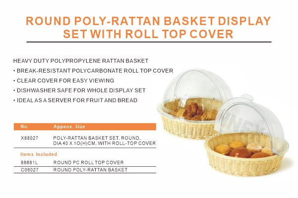 Espositore per cestini rotondi in polyrattan con copertura roll top